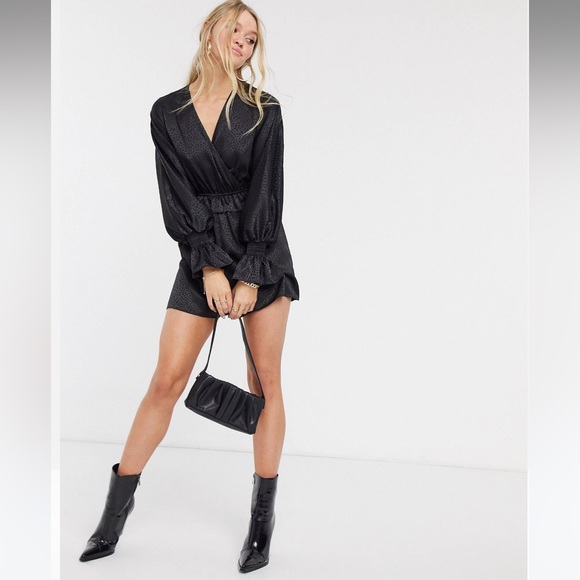 River Island long sleeve jacquard shirred romper in black - Picture 1 of 6